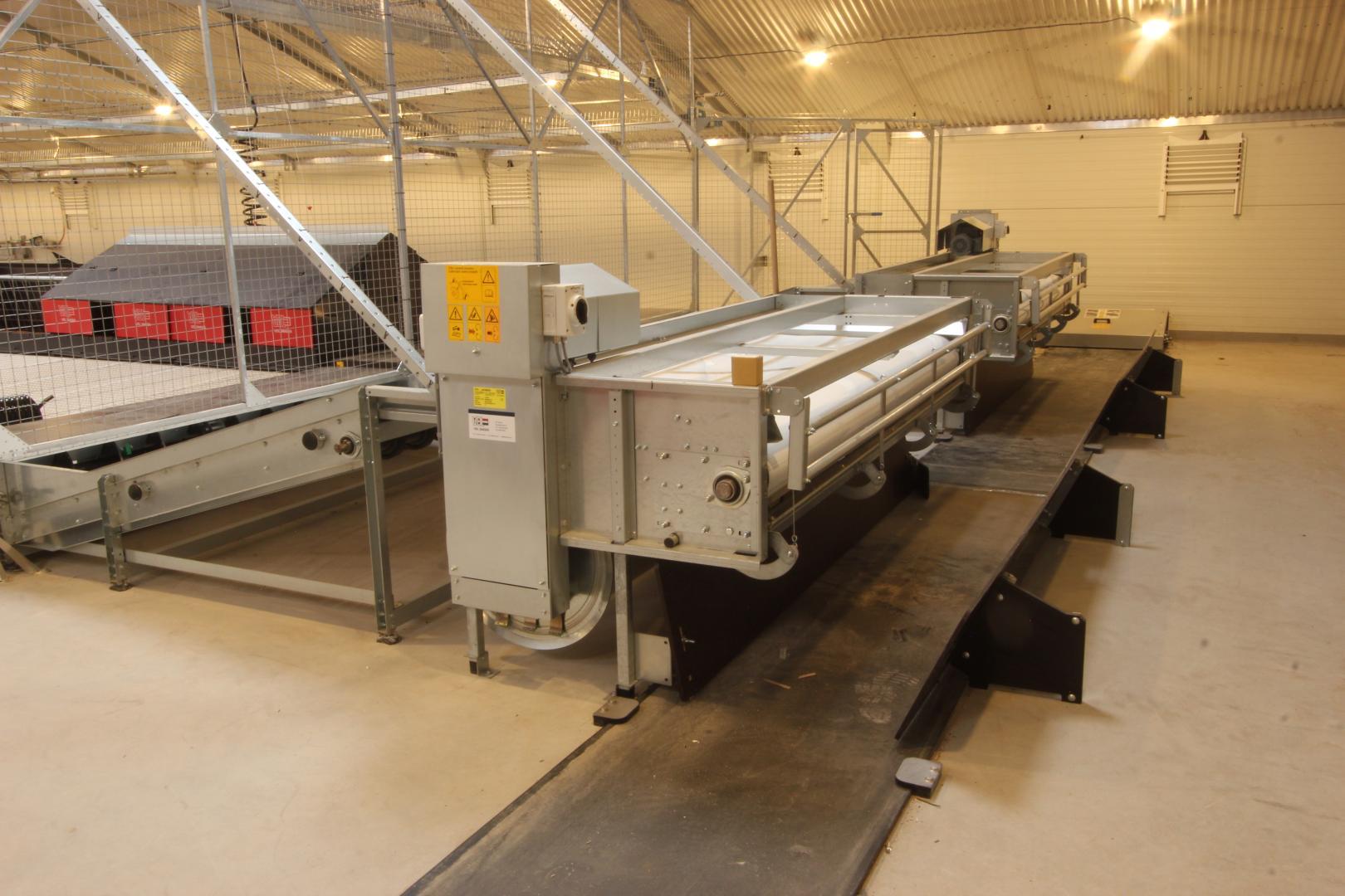 Roll-up manure belt equipment beneath poultry slatted floors